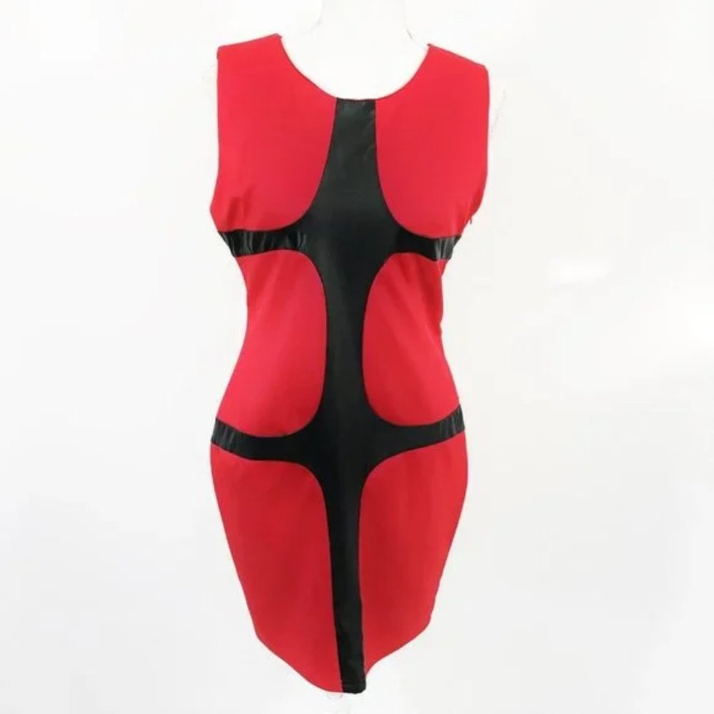 Faux Leather Bandage Dress Sleeveless Red Black Women L, Gracia - Picture 4 of 9